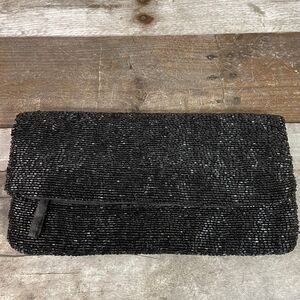 Ann Taylor Loft Black Beaded Fold Over Clutch Evening Bag